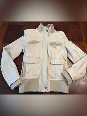MNG Genuine Leather Bomber Jacket Womens Size L Cream Off-White
